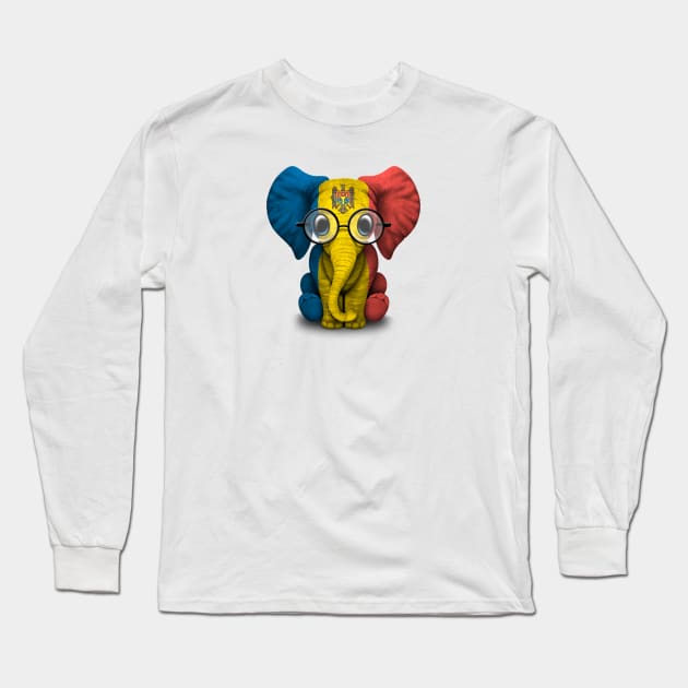 Baby Elephant with Glasses and Moldovan Flag Long Sleeve T-Shirt by jeffbartels